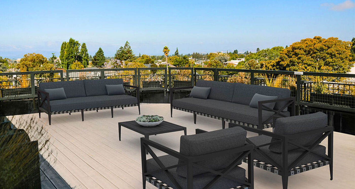 Rooftop deck rendering with plush seating and great views